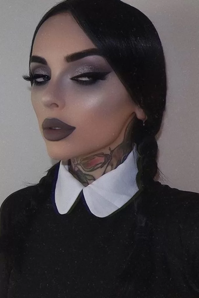 Wednesday Addams gothic glittery Halloween makeup inspiration