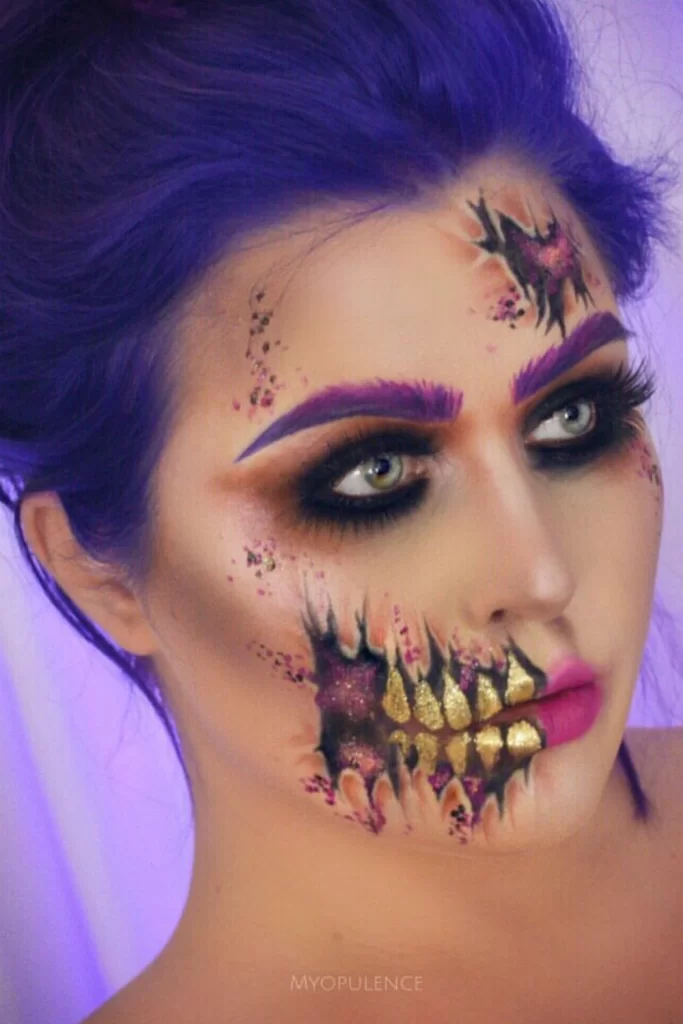 Glittery zombie Halloween makeup idea with purple, pink and gold accents
