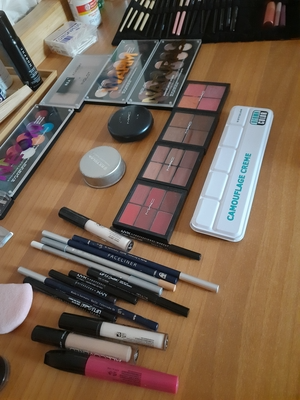 Different makeup products displayed on desk