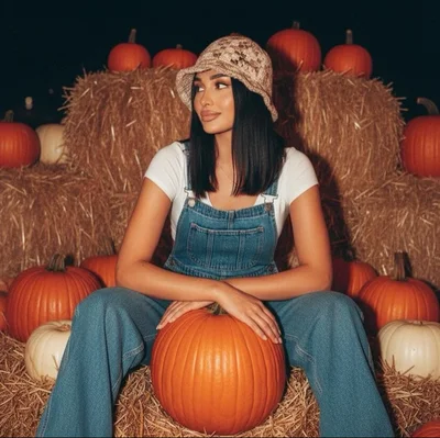 Woman at pumpkin patch wearing denim overalls and fitted white tee