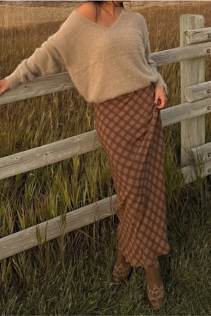 cropped photo of woman standing against wood fence on open field wearing loose v-neck sweater and plaid maxi skirt