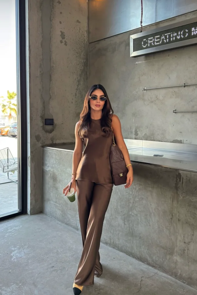 Chic chocolate brown satin pant set on woman leaning against wall