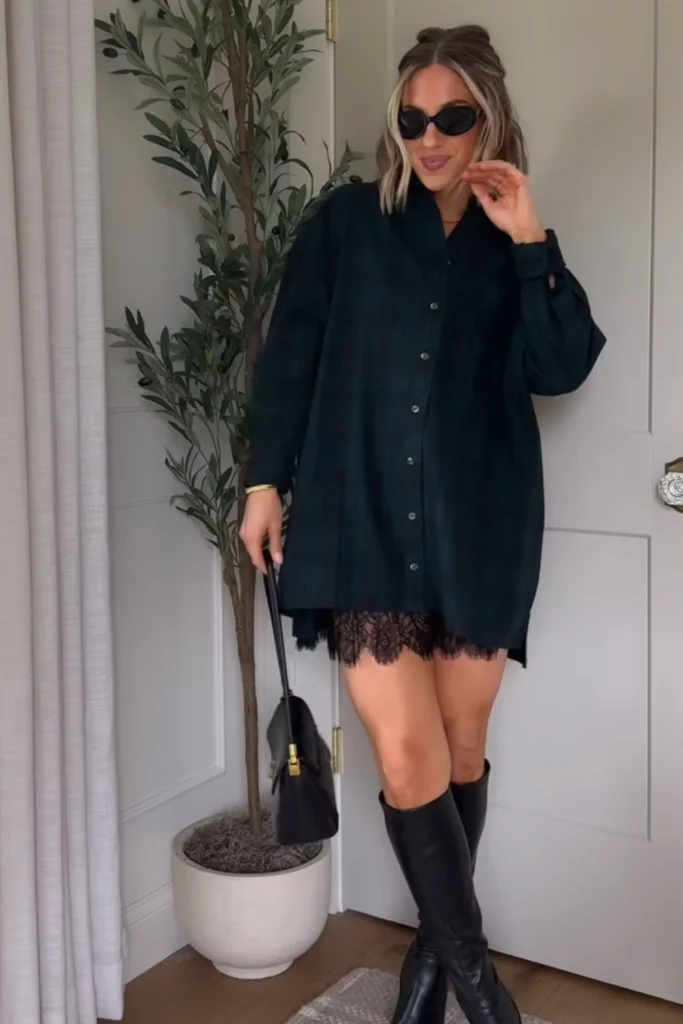 Easy Fall Festival outfit idea with oversized dark button up and lace mini skirt with black boots