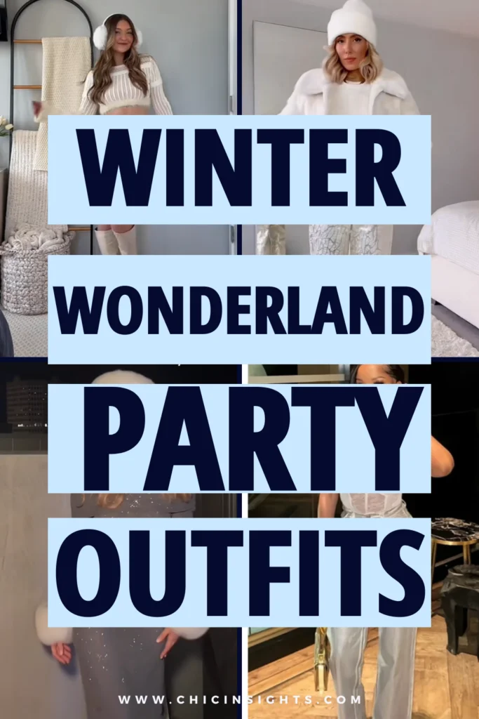 Pinterest pin of a four picture collage of different woman wearing Winter Wonderland outfits